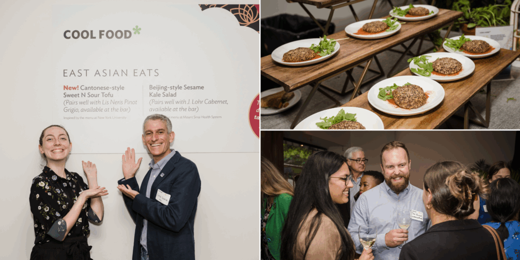 A collage of photos from Climate Week 2022: NYU Chief Sustainability Officer Cecil Scheib shows off a dish featured in the NYU dining halls; quinoa & hummus patties with roasted tomato sauce; guests enjoying the post-program reception.