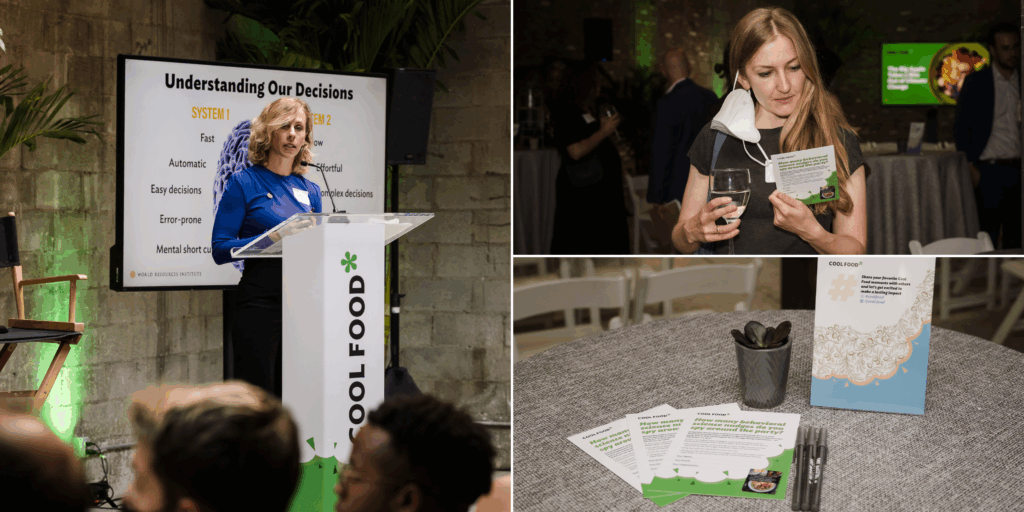 A collage from Climate Week 2022: Dr. Sophie Attwood presents on the importance of behavioral science and nudges; cards that guests were provided to identify as many behavioral nudges as possible; guest looking at a card.