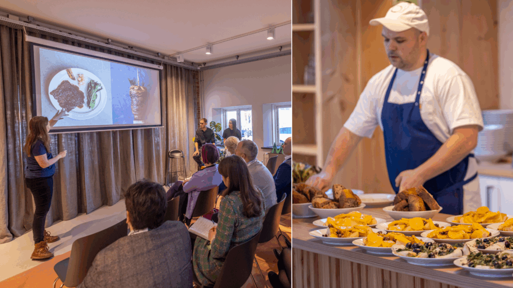 Coolfood in Copenhagen collage: a group watching a presentation; a chef preparing to serve plates of food